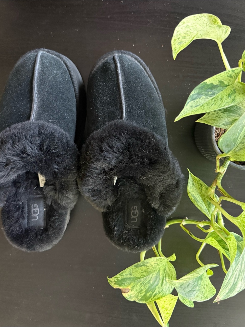 UGG Black Plush Fur Slide Mules